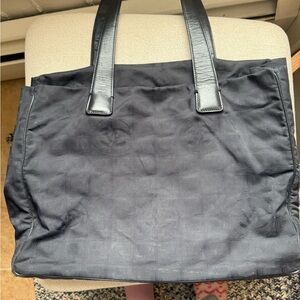 Vintage Chanel Black CC Logo Jacquard Nylon Tote Bag Leather Handles Y2K